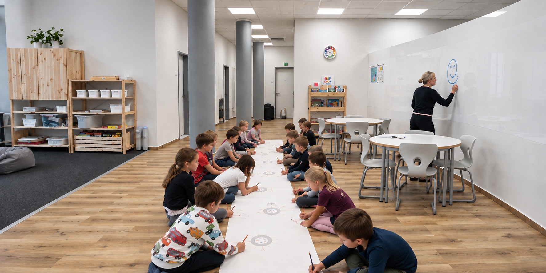 Děti kreslí vsedě na podlaze na dlouhý pás papíru, vpravo pedagožka píše na bílou stěnu